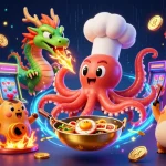 Mega slot menampilkan ilustrasi 3D dengan koki gurita sihir, naga hijau, dan pelanggan tanuki, dikelilingi elemen slot yang berkilau.