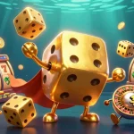 Engage with janjislot alternatif in a vibrant 3D casino scene with animated dice and rich slot game elements.