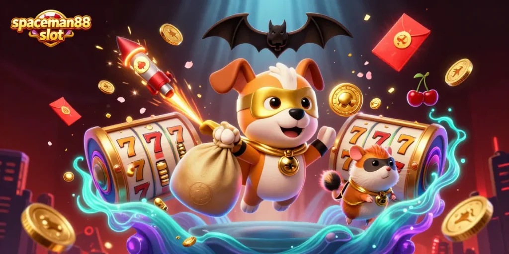 Experience fun with spaceman88 slot featuring a superhero dog and golden slot elements!