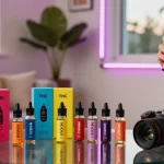 Enjoying THC vape with colorful e-liquids in a vibrant indoor setting.