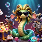 Win big with Rbk247 in this vibrant casino-themed digital illustration featuring Medusa and more.