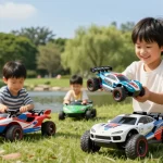Children enjoying rokok88 remote control vehicles in a sunny park, showcasing fun and excitement.