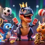 Tampilkan togel online resmi dengan kartun T-Rex dan teman dinosaurus bermain kartu di kasino digital